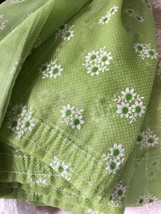 Pr Vintage Sheer Flocked Curtain Panels Flocked Dots & Daisy Flowers Light Green