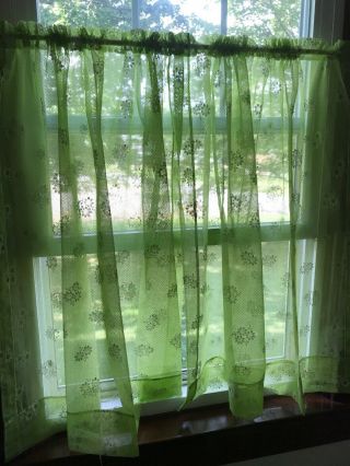 Pr Vintage Sheer Flocked Curtain Panels Flocked Dots & Daisy Flowers Light Green 2