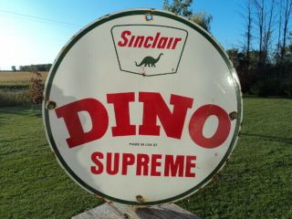 Old 1957 Sinclair Dino Gasoline Porcelain Gas Pump Sign  " Supreme "