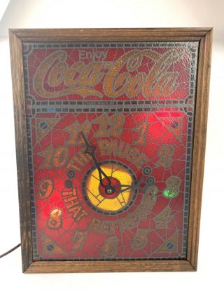 Vintage Rare Faux Stained Glass Coca Cola Lighted Electric Wood Clock Htf