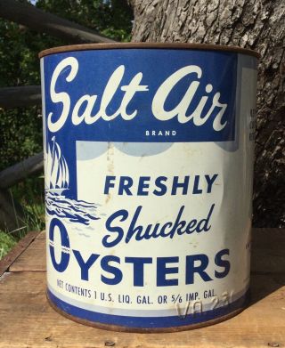 Vintage Salt Air Brand Oyster Tin Can With Awsome Sail Boat Graphic Fishing Sign
