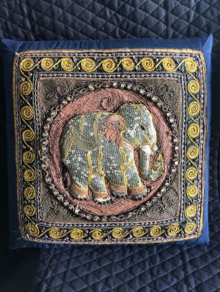 Vintage Kalaga Tapestry Pillow Cover Asian Burmese Thai India Elephant