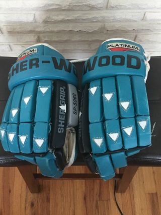 Vintage Sher - Wood Platinum Leather Nhl Hockey Gloves Sp - 5060 14.  5 Sharks