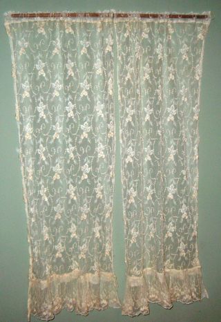 Vintage Ruffled Netted Lace Curtain Panels - Gorgeous Embroidered Lace