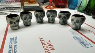 6 Vintage Brown & White Ceramic Skull Skeleton Head Shot Glasses Made In Japan