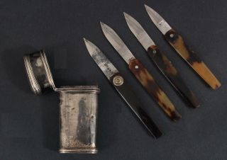19thc Antique Medical Doctors Silver Case & 4 Bloodletting Lancets Tools