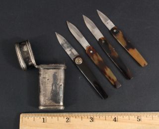 19thC Antique Medical Doctors Silver Case & 4 Bloodletting Lancets Tools 2