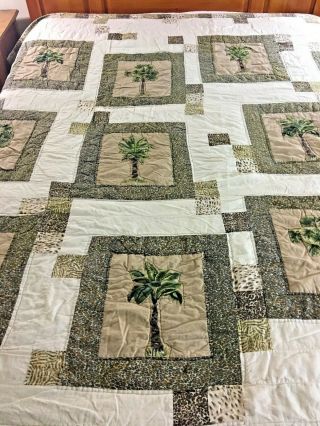 Vintage Hand Quilted Palm Tree Patchwork Quilt 96 " X 85 "