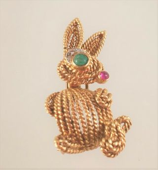 Charming Vintage 14 Kt Gold Rabbit W Emerald Ruby Diamonds Fur Clip Brooch