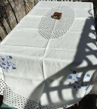 Vintage Large Oval Linen Hand Embroidered Blue Tablecloth W/lace Border