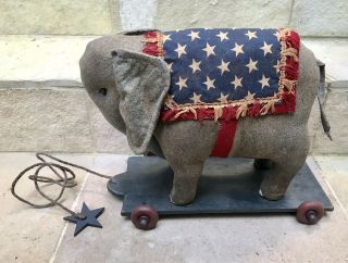 Antique Steiff Elephant 1900 Gop Republican Convention Souvenir Pull Toy