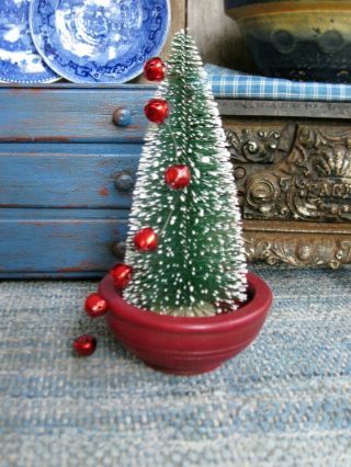 Small Primitive Antique Wood Bowl Red Milk Paint W Christmas Tree