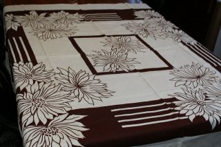 Vintage Linen Kitchen Tablecloth 52x54 Fab Flowers W Beige And Brown