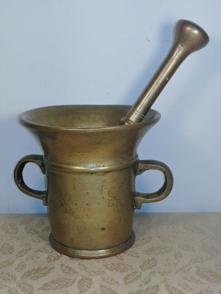 Look Antique Solid Brass Side Handle Mortar & Pestle Apothecary Heavy 4.  10 - 3 Lbs