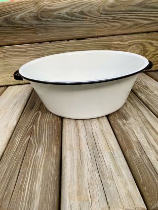 Vintage Large White Enamel Porcelain Wash Tub Basin Farm 16” Black Trim Handles