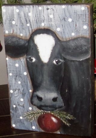 Primitive Hp Folk Art Prim Black & White Winter Cow Ornament Board
