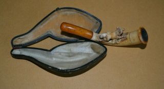 Antique Meerschaum Pipe With Fox Old Figural Pipe With Amber Mouthpiece & Case