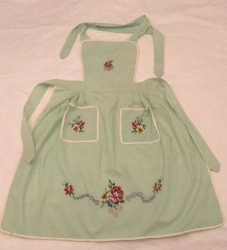 Vintage Full Bib Apron Embroidery Cross Stitch Flowers Cotton Ladies Teens Kids