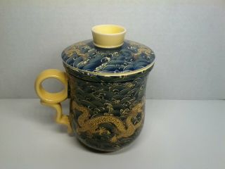 Chinese Porcelain Asian Tea Cup Handled Infuser Strainer Lid Dragons