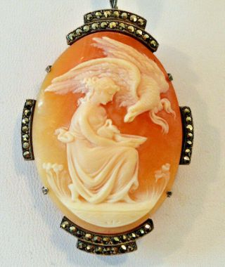 Shell Cameo " Hebe Feeding Eagle " Pin/pendant Sterling Silver Marcasite