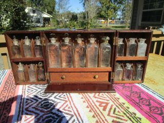 Antique Pharmacy Apothecary Medicine Bottle Oak Cabinet & Bottles