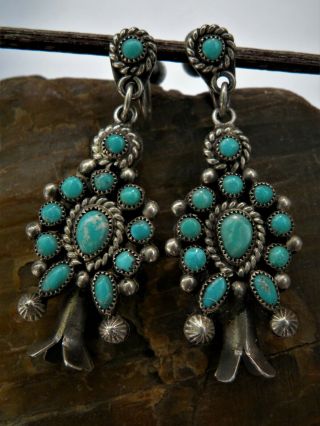 Vintage Navajo Long Sterling Silver Turquoise Snake Eye Squash Blossom Earrings