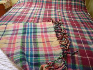 Vintage Reversible Plaid Wool Fringed Camp Throw blanket 56 x 84 3