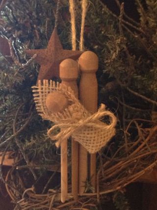 Primitive Christmas Nativity Rusty Tin Barn Star Wood Clothespin Ornament Burlap