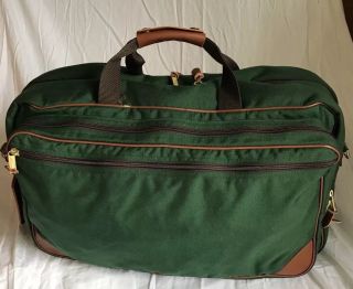 Vintage Ll Bean Duffel Bag Green Canvas W Brass Hardware,  Leather Trim Carry On