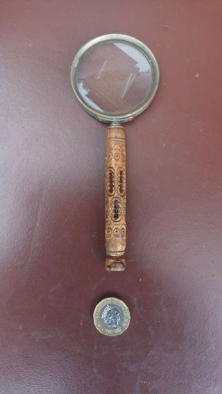 Unusual 19th Century Treen Carved Wood Pierced Handle Magnifying Glass