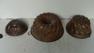 3 Hand Hammered Ca 1900 Or Earlier Copper Food Molds,