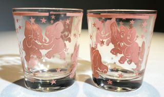 Hazel Atlas Set Of Dancing Pink Elephants Whiskey Old Fashioned Glasses Barware
