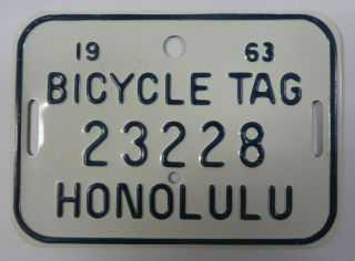 Vintage 1963 Honolulu Hawaii Bicycle Tag License Plate Bike Near No.  23228