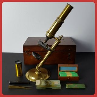 Brass Monocular Desk Field & Pocket Microscope In Fitted Wood Case & Slides
