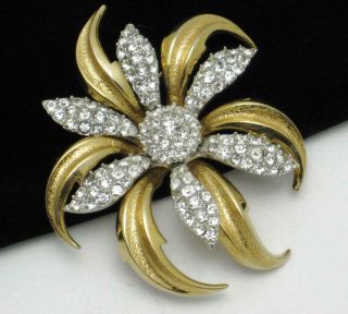 Pristine Vintage Boucher Rhinestone Figural Flower Brooch Pin Gold Silver Plated