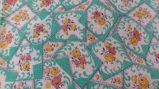 Vintage Feedsack In Green With Pink Yellow Flowers Measures 43 By 38