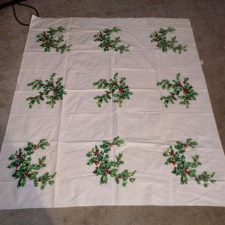 Vintage Wilendur Christmas Holly Leaves Berries Print Tablecloth 48 " X54 "
