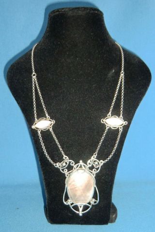Stunning Antique Arts & Crafts Silver Necklace With Mother Of Pearl