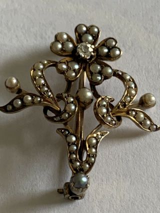 Charming Victorian 15ct Gold Natural Pearl & Diamond Flower Brooch - Circa 1880