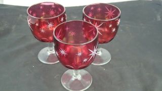 Vintage Set Of 3 Bartlett Collins Cranberry Atomic Star Thumbprint Glass Goblets