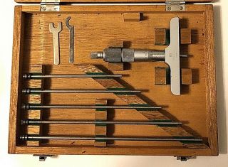 Vintage Mitutoyo.  001 " Depth Micrometer 8 Tool Set With Wood Case Made In Japan