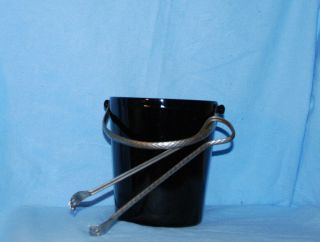 Mid - Century Black Glass Ice Bucket With Chrome Handle And Tongs