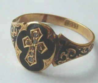 Georgian/early Victorian 15ct Solid Gold Enamel/diamond Mourning Ring Size R