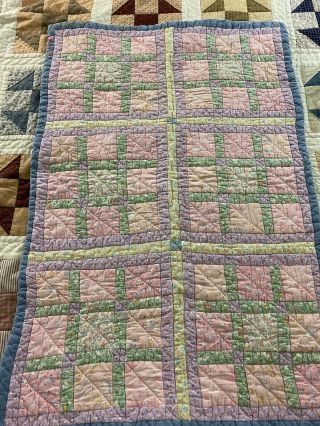 So Cute Vintage Handmade Nine Patch Quilt 26 " X 40 " Soft Pinks & Greens