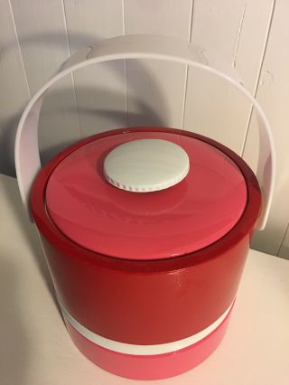 Vtg Georges Briard Mcm Ice Bucket - Pink Red White Vinyl Plastic Retro Mod
