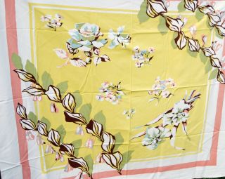 Vintage Linen Tablecloth Floral Print Flowers Roses Yellow Peach Blue 52x46