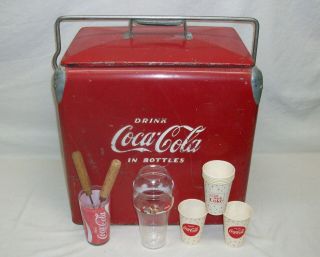 Vintage Coca - Cola Metal Cooler Box & 2 - Ice Picks,  Glass,  6 - Paper Cups,  1 - Plastic