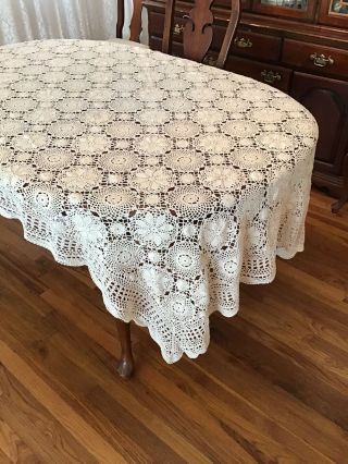 Vintage Crocheted Ecru Lace Tablecloth,  56”x95”