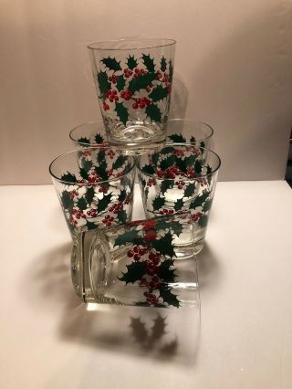 Set Of 6 Low Ball Cocktail Drink - Ware Bar - Ware Christmas Themed W/ Holly Berries