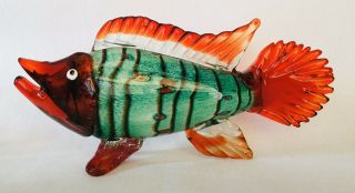Vintage Murano Millefiori Green & Red Large Italian Art Glass Fish Sculpture Euc